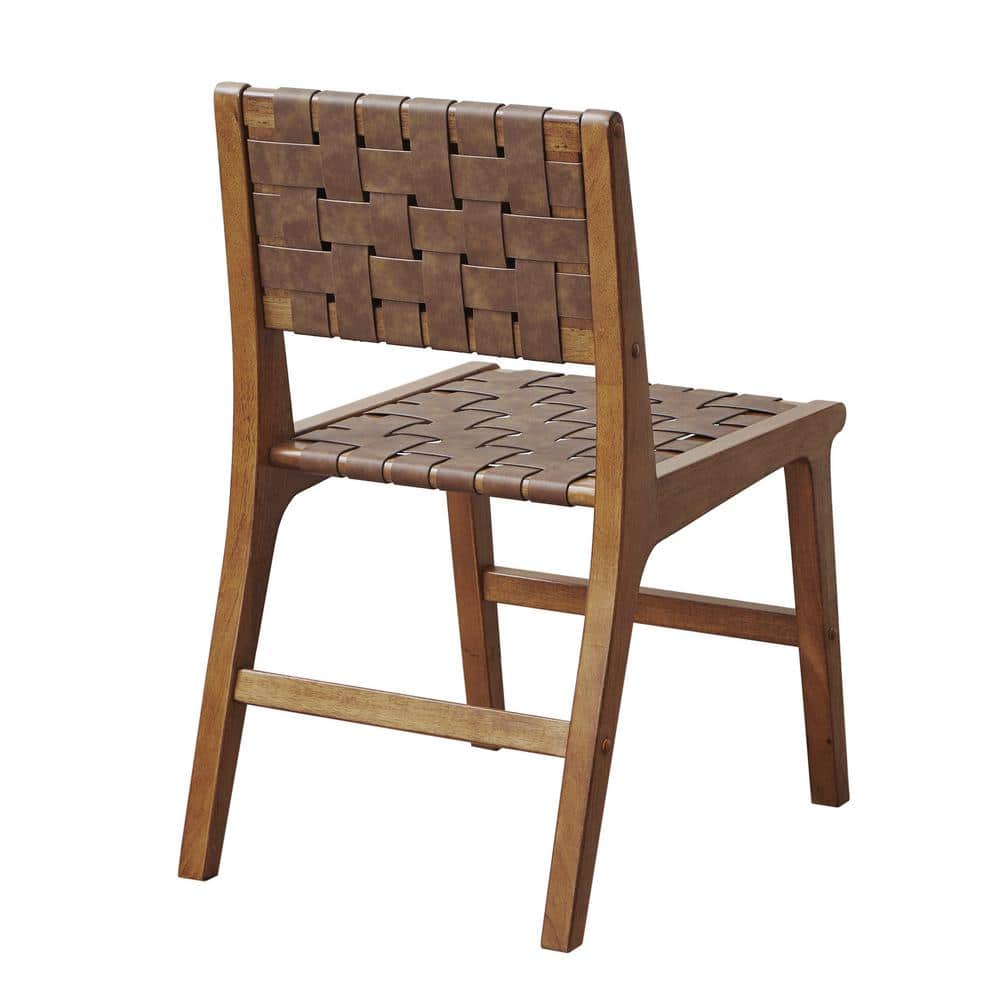 Brown Faux Leather Woven Side Chairs with Wood Frame