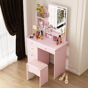 5-Drawers Pink Makeup Vanity Sets Dressing Table Sets with Stool, Mirror, LED Light and 3-Tier Storage Shelves