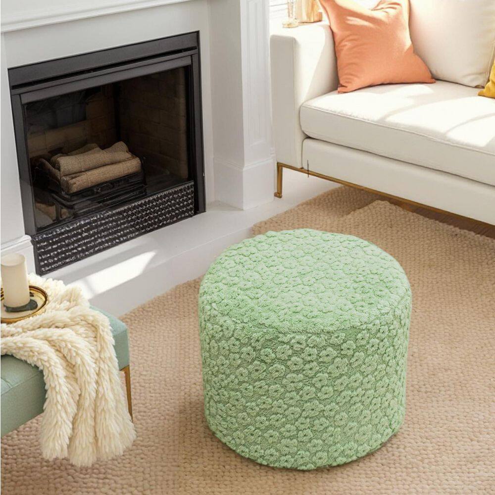 Desert Sage Green Plush Fiber Upholstered Round Ottoman Pouf 18 x