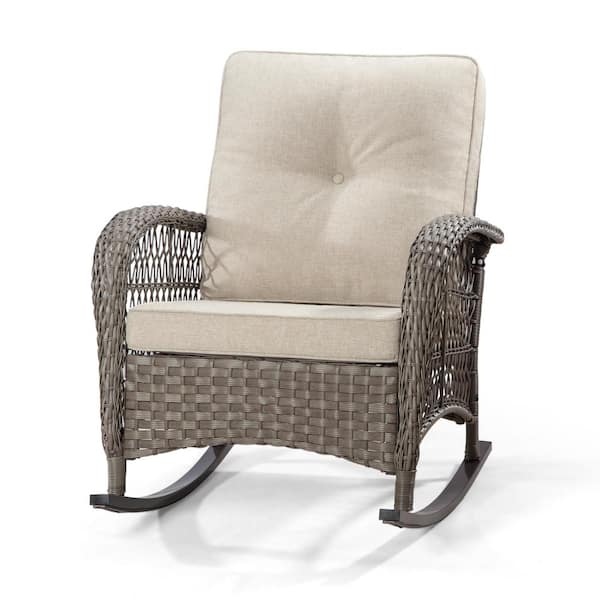 JOYSIDE Wicker Outdoor Rocking Chair Patio with Beige Cushion (1 