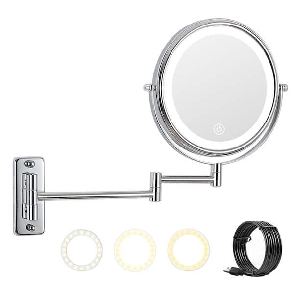 LORDEAR 12 in. W x 16.8 in. H L Metal Chrome Rechargeable Wall Mounted Lighted Makeup Vanity Mirror Adjustable Extending 10x