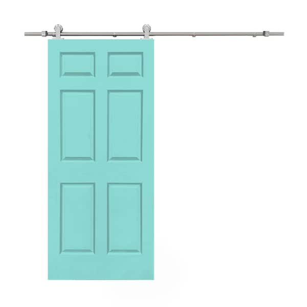 CALHOME 30 in. x 80 in. Mint Green Stained Composite MDF 6-Panel Interior Sliding Barn Door with Hardware Kit
