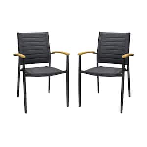 Portals Black Stacking Aluminum Outdoor Dining Chair with Teak Arms (Set of 2)