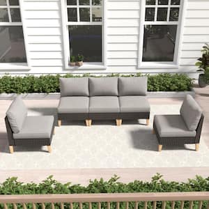 Brown Wicker 5-Piece Outdoor Sectional with Gray Cushions