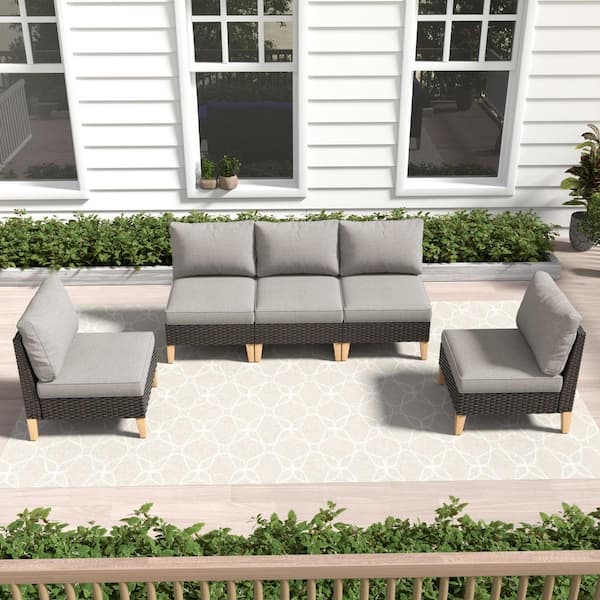 Gymojoy Chic Relax Brown Wicker 5-Piece Outdoor Sectional Sofa Set Patio Conversation Set with CushionGuard Gray Cushions