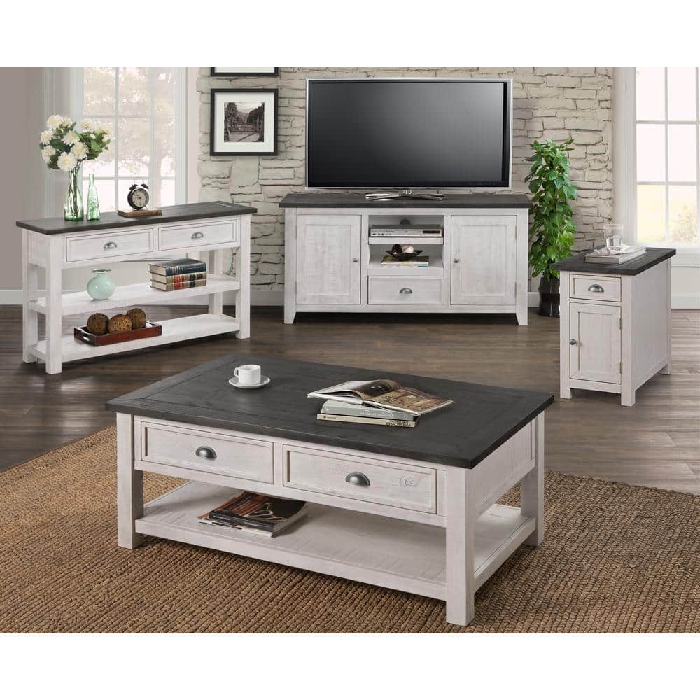 Coastal Farmhouse White and Grey Pine Chairside Table with Power