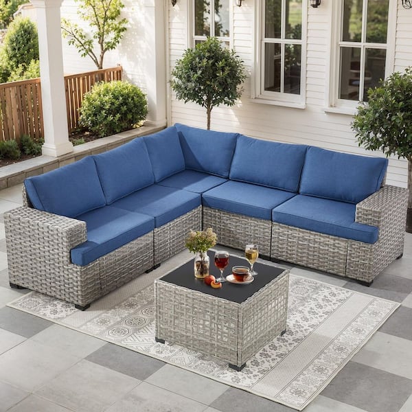 Modern Modular 6 Pieces Patio Furniture Set Outdoor Wicker Sectional Sofa with Coffee Table Comfy Blue Cushions