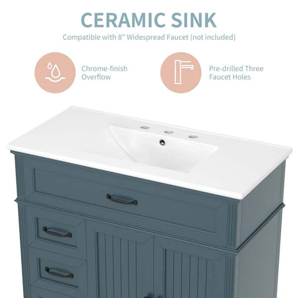36 in. Freestanding Blue Solid Frame Bath Vanity Cabinet with White Ceramic Basin Top and 2 Different Size Drawers