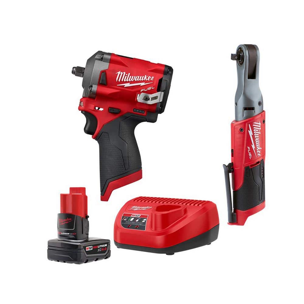 Milwaukee M12 FUEL 12V Lithium-Ion Brushless Cordless Stubby 3/8 in. Impact  Wrench  3/8 in. Ratchet Kit w/Battery  Charger 2554-20-2557-20-48-59-2440  The Home Depot
