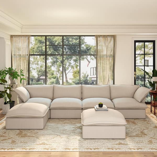 Reversible 163 in. Flared Arm 6-Piece Linen Oversized Modular Sectional Sofa with Washable Covers 2 Ottomans in. Beige