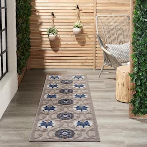 Aloha Gray/Blue 2 ft. x 8 ft. Kitchen Runner Floral Modern Indoor/Outdoor Patio Area Rug