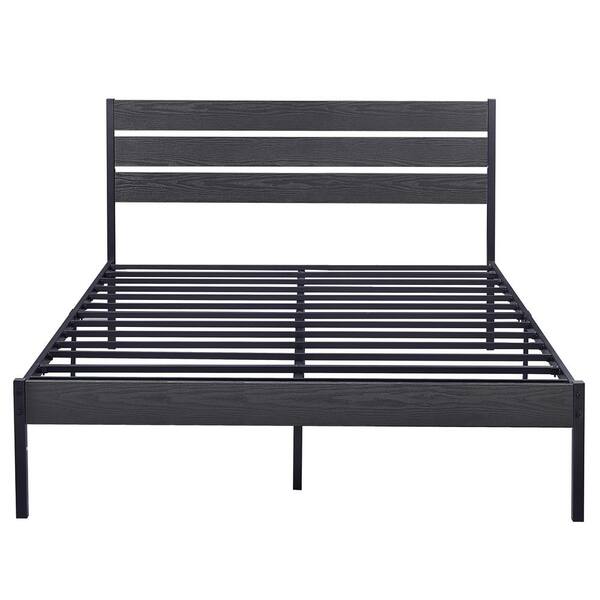 VECELO Queen Bed Frame Black Metal Frame Queen Platform Bed w/Modern Wood Headboard Easy Assembly/No-Slip/No Noise, 62.1 in. W