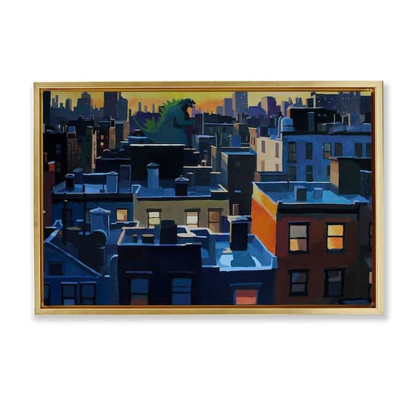 Stupell Industries Cityscape with Distant Monster by Keith Thomson Gold Floater Frame Abstract Graphic Art Print 17 in. x 25 in.