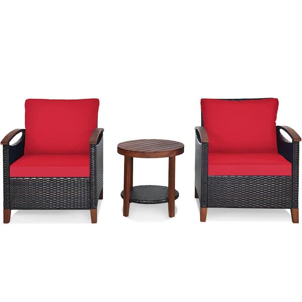 FORCLOVER 3-Piece Rattan Wood Patio Conversation Set With Red Cushions and Round Wood Table