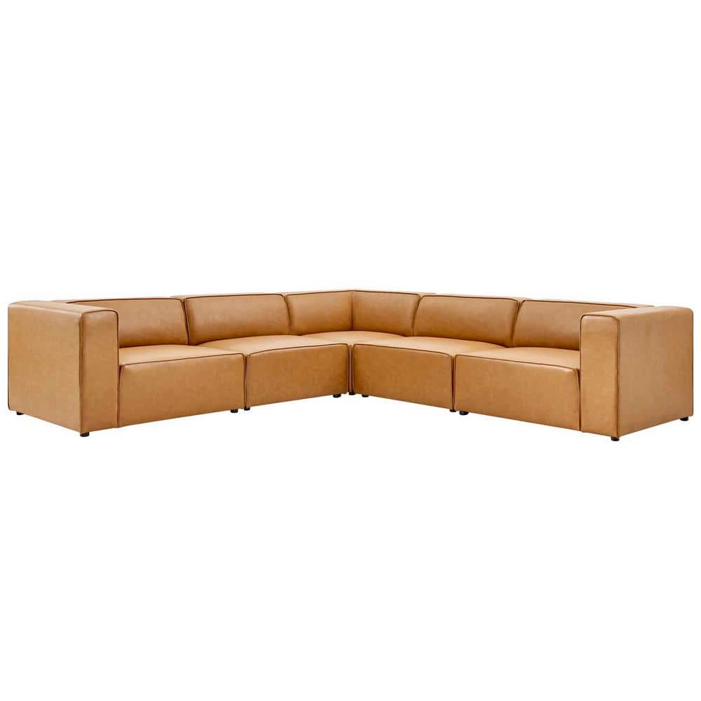 Tan Faux Leather 5-Piece Sectional Sofa with Check Pattern
