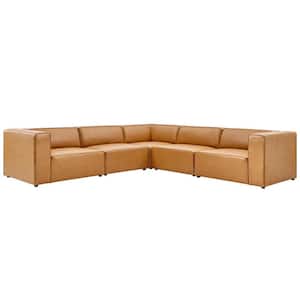 Mingle 5-Piece Tan Faux Leather L-Shaped Symmetrical Sectional Sofa with Elegant Trim Piping