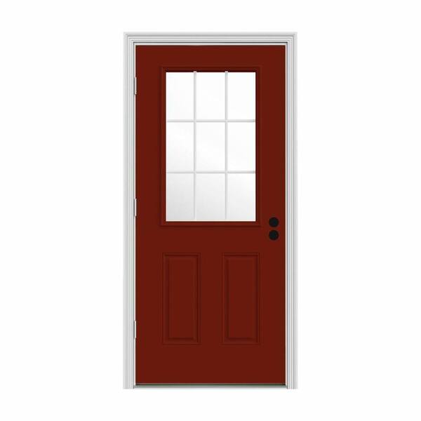 JELD-WEN 32 in. x 80 in. 9 Lite Mesa Red Painted w/ White Interior Steel Prehung Right-Hand Outswing Entry Door w/Brickmould