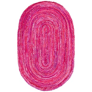 Braided Pink Fuchsia 5 ft. x 8 ft. Solid Color Striped Oval Area Rug
