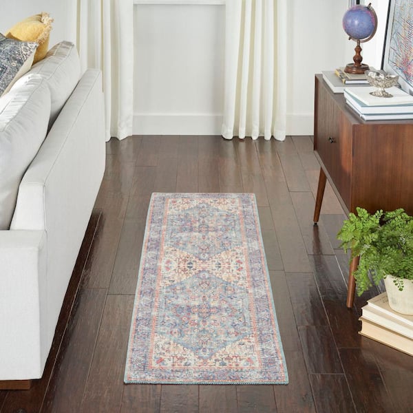 57 Grand Machine Washable Blue/Multi 2 ft. x 8 ft. Bordered Traditional Kitchen Runner Area Rug