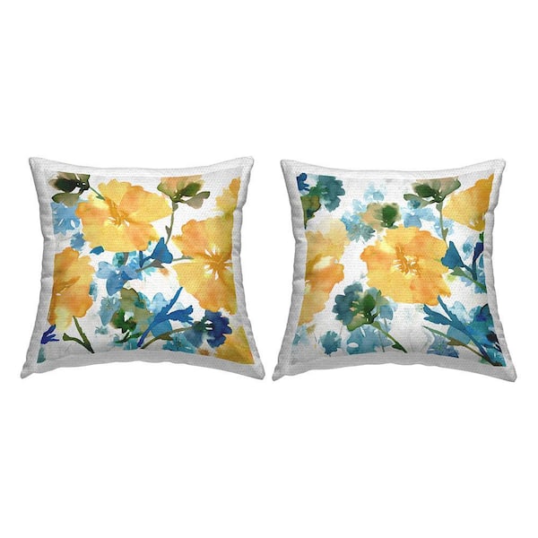 Modern Yellow Flowers Blue Square Outdoor Throw Pillow 2-Pack