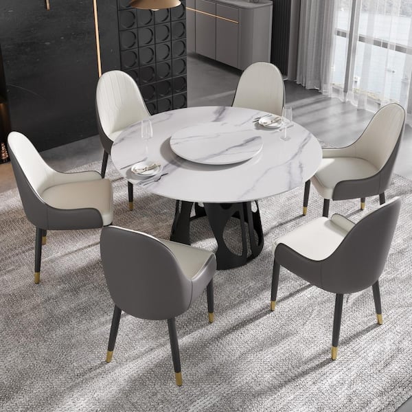 J&E Home White Marble Top 53.15 in. Pedestal Round Dining Table with Rotating Lazy Susan (Seats 6)