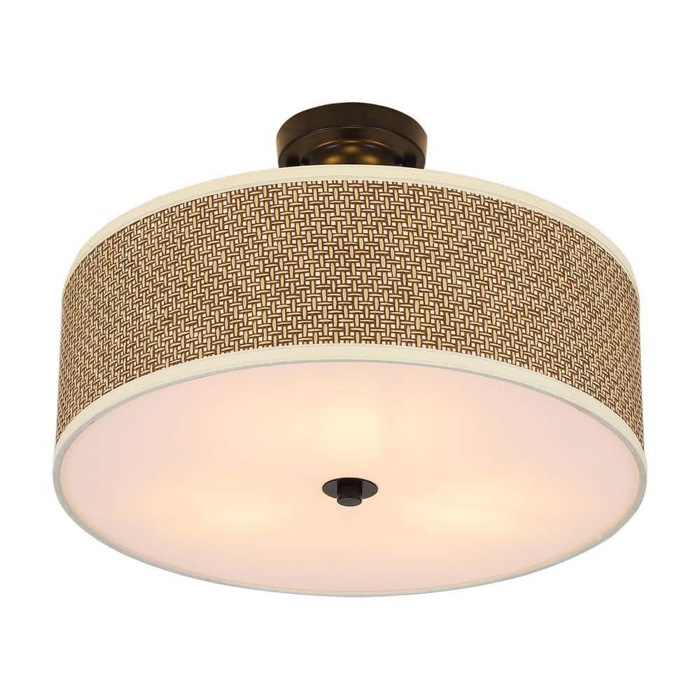 OUKANING 16.9 in. 3-light Brown Modern Rattan Semi-flush Mount