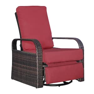 1-Piece Wicker Outdoor Swivel Recliner with Red Cushions 360° Rotating