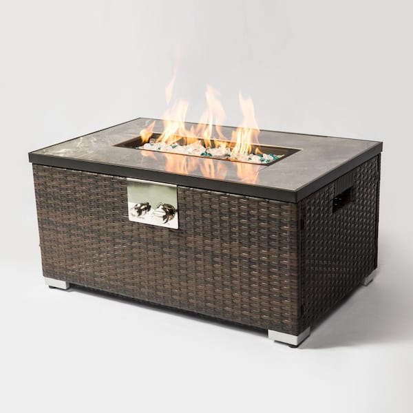 Brown 32" Propane Gas Fire Pit Table, 50000 BTU Rectangular Fire Pit, Tile Tabletop with Beautiful Wicker Base