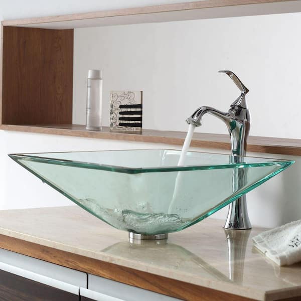 Single-Tone 16.5 in. Square Vessel Bathroom Sink in Clear Glass with Pop-Up Drain and Mounting Ring in Satin Nickel