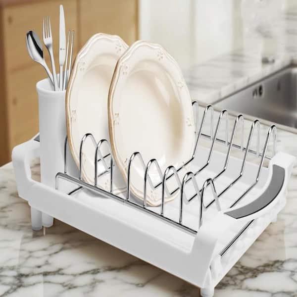 White 11.42 in. to 19.9 in. Stainless Steel Dish Drying Rack, Compact Expandable Rust-Resistant for Kitchen Countertops