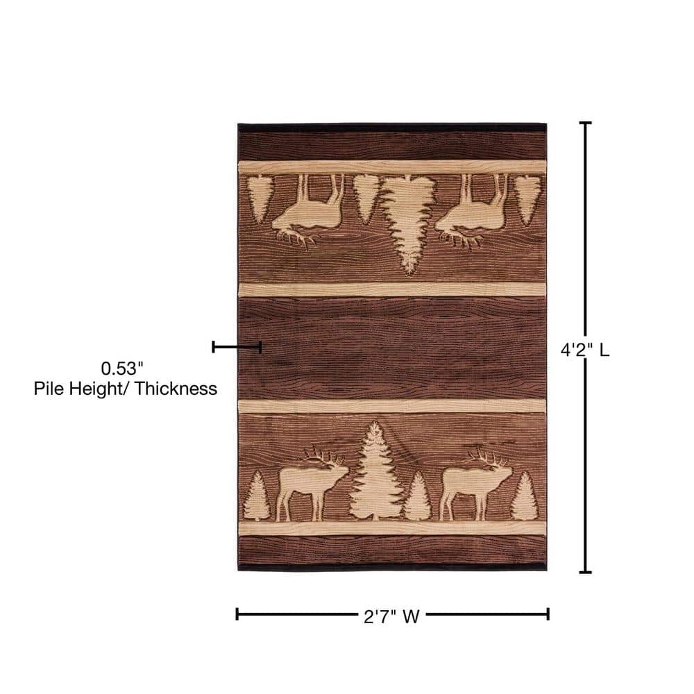 Hand-Carved Brown Lodge Rug with Deer and Tree Design, 31" x 50"