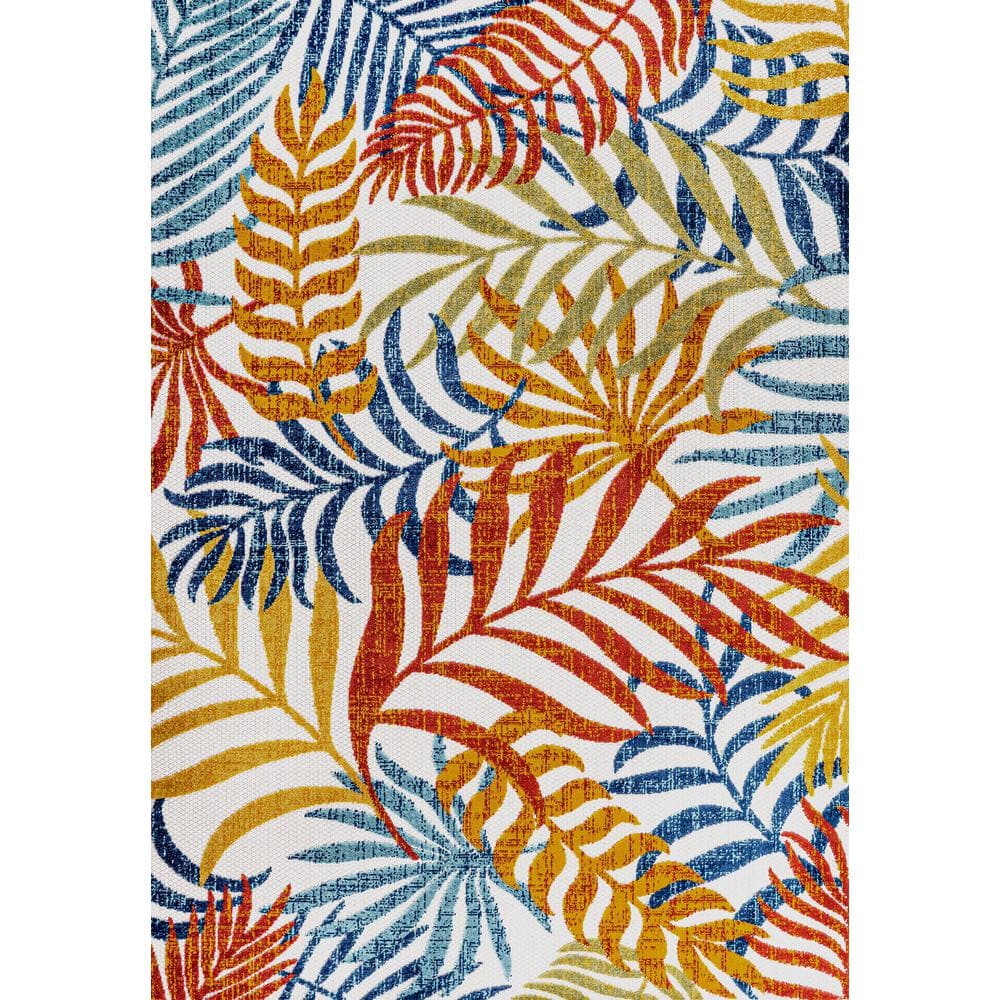 Cream and Orange Palm Leaves Synthetic 4' x 6' Area Rug