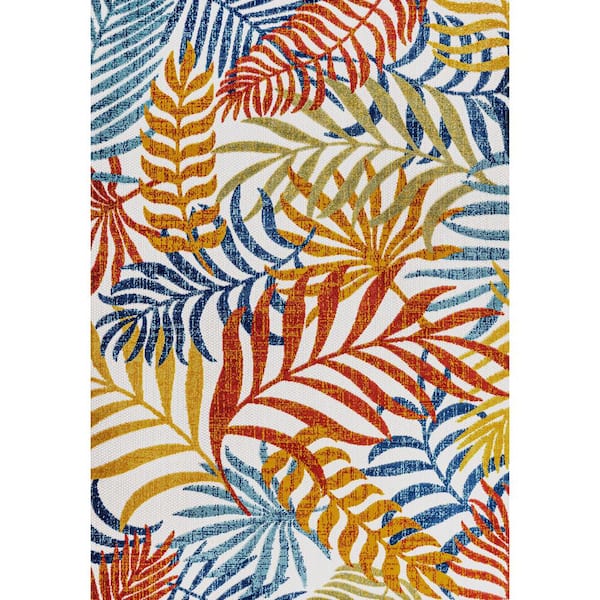 Tropics Palm Leaves Cream/Orange 9 ft. x 12 ft. Indoor/Outdoor Area Rug