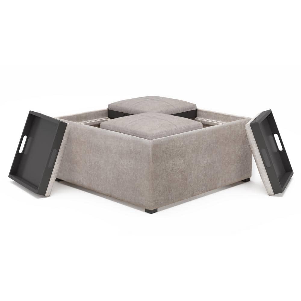 Avalon Distressed Grey Taupe Faux Leather Storage Ottoman