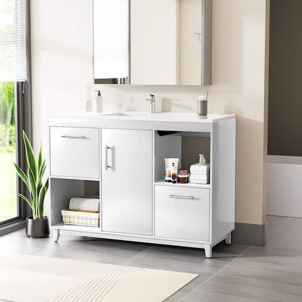 48 in. White Wood Single Sink Freestanding Bathroom Vanity with White Resin Top