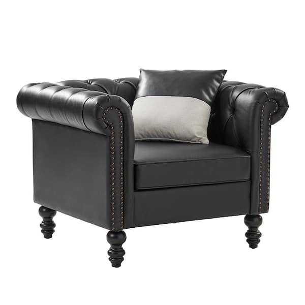 JAYDEN CREATION Felisa Black Leather Nail Head Armchair with Solid Wood Legs