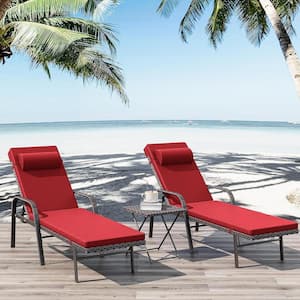 3-Piece Wicker Outdoor Folding Chaise Lounge with Table, Armrest and Cushion Red