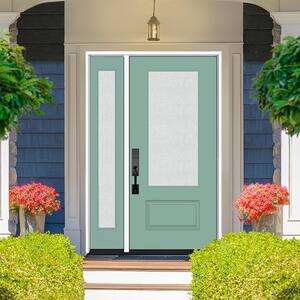 Legacy 53 in. W. x 80 in. 3/4-Lite Rain Glass RHIS Primed Quarry Finish Fiberglass Prehung Front Door with 14 in. SL