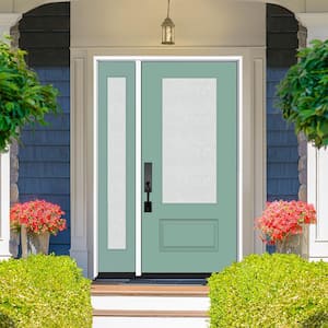 Legacy 53 in. x 80 in. 1/2 Lite Rain Glass RHIS Primed Quarry Finish Fiberglass Prehung Front Door w/14 in. SL