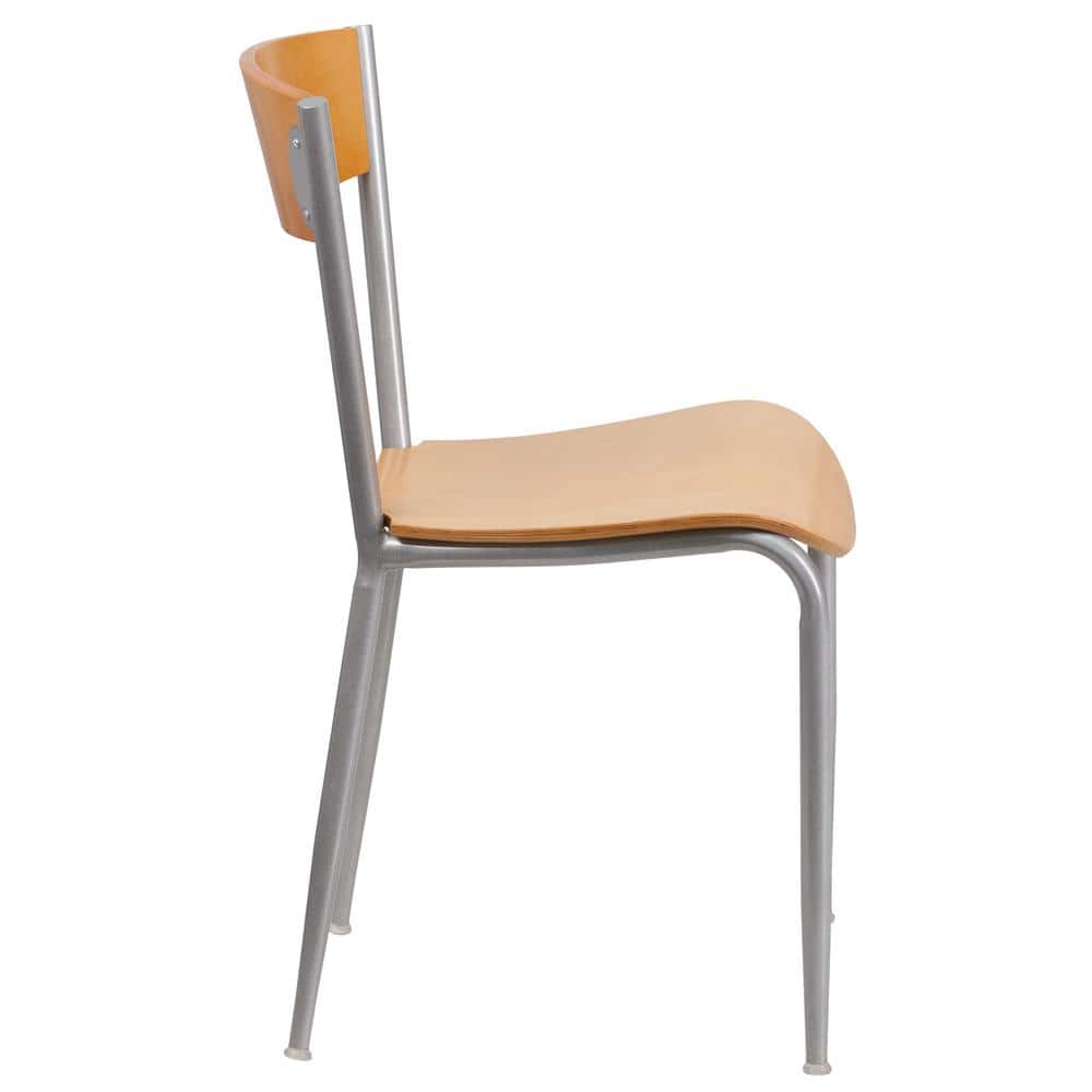 Chic Silver Steel Side Chair with Natural Wood Seat and Back