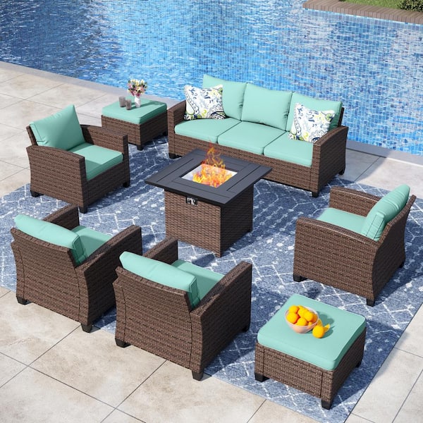 PHI VILLA Brown Rattan Wicker 8-Piece Steel Outdoor Patio Conversation Set with Blue Cushions, Square Fire Pit Table