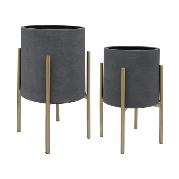 Liv & Skye 14 in. x 23 in. Gray Iron Decorative Pots With Stand (Set of 2)