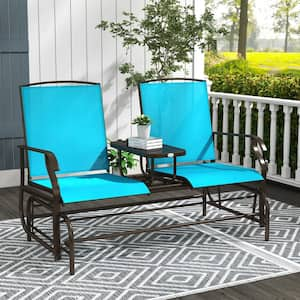 2-Person Metal Outdoor Glider Bench, Mesh Glider Chairs with Tempered Glass Table for Garden Backyard Porch, Blue