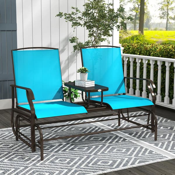 Otryad 2-Person Metal Outdoor Glider Bench, Mesh Glider Chairs with Tempered Glass Table for Garden Backyard Porch, Blue