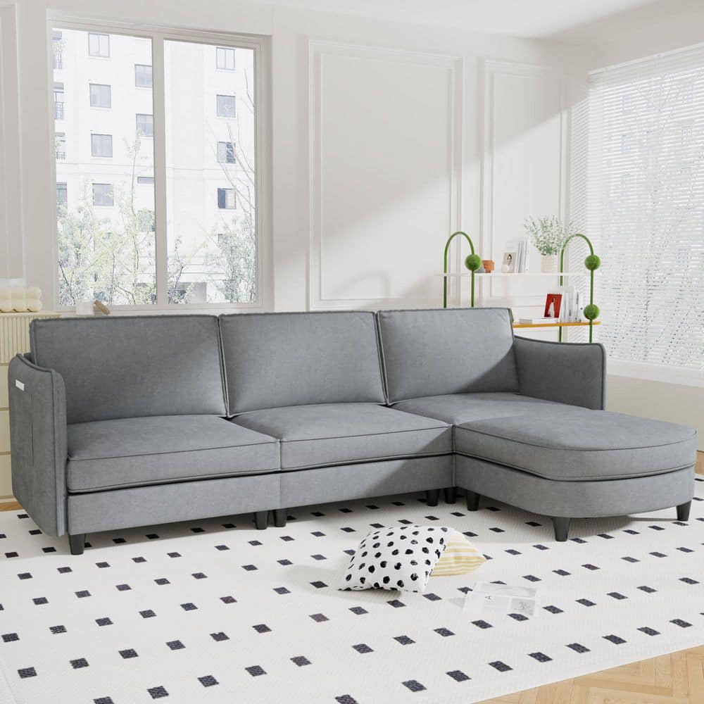 Tori Modern 107.87 in. 4-Piece Fabric Upholstered L-Shaped Sectional Sofa in. Grey with Ottoman, Storage Pockets