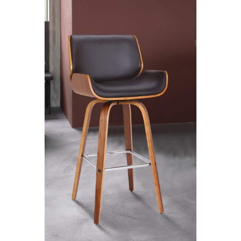 Tyler 30 in. Brown/Walnut High Back Wood Swivel Bar Stool with Faux Leather