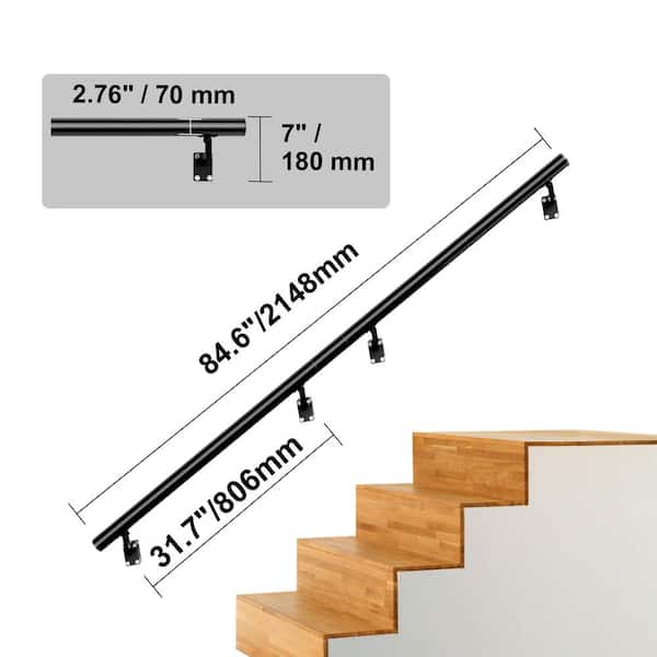 SKYSHALO Wall Mount Handrail 7 in. H x 2.76 in. W Black Aluminum Alloy Stair Railing Kit Thickened Hand Rail