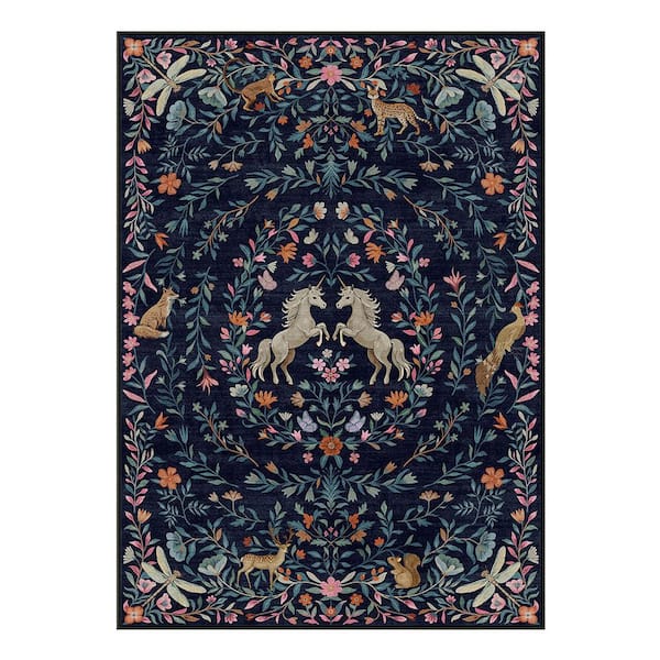 Farmhouse Moroccan Unicorn Floral Washable Non Slip Blue 8 ft. x 10 ft. Living Room Bedroom Area Rug