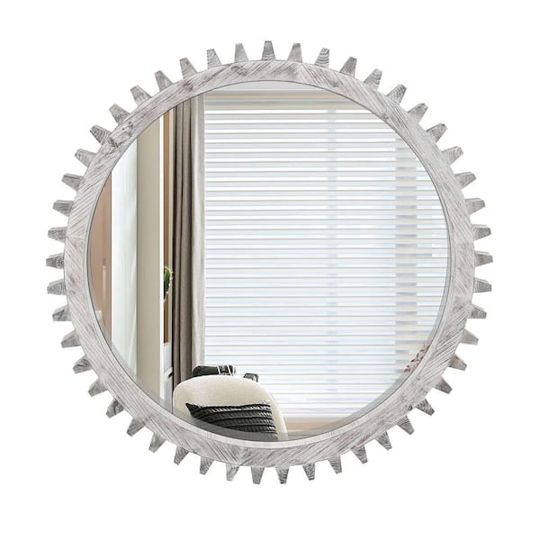 WELLFOR Gear Shape 17 in. W x 17 in. H Round Wood Framed Decorative Mirror Wall Bathroom Vanity Mirror in Antique White Washed