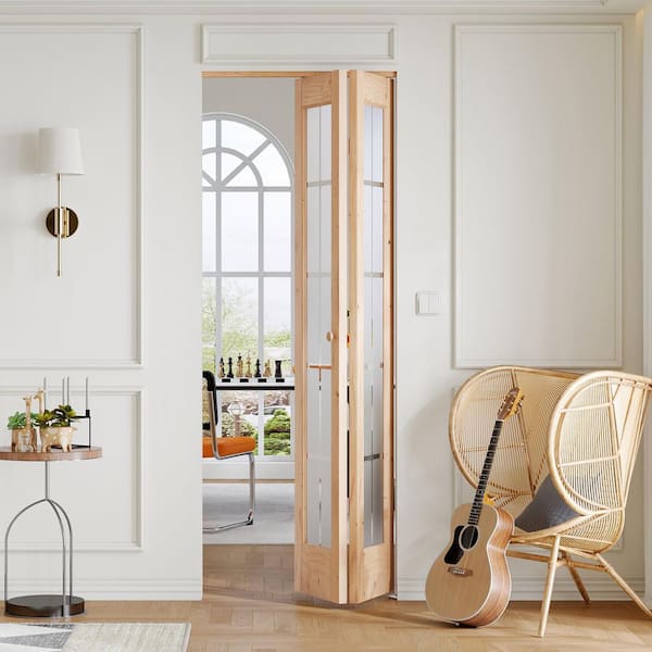 32 in. x 80 in. 1-PACK Full-Lite Glass Unfinished Spruce Solid Core Wood Interior Bi-Fold Door with Hardware